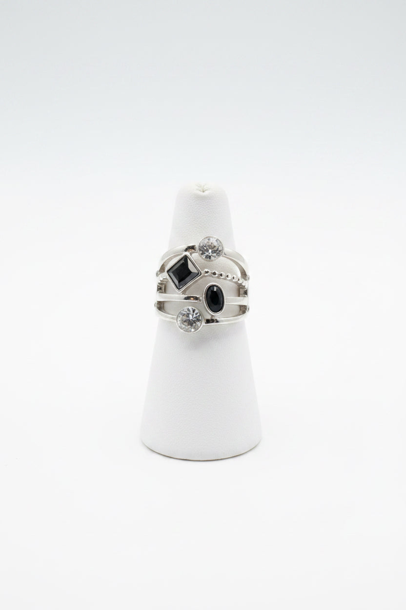 Dolls Silver plated Stretch Ring multi-band fashion ring with a dark center stone and a geometric accent.