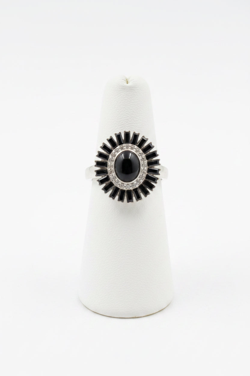 Divas Silver Plated Round multi stone Onyx ring with cubic zirconia (adjustable)