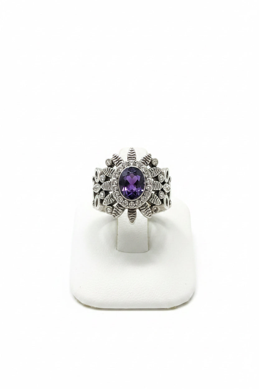 Divas Purple & Sunbrust Silver plated Cocktail ring.