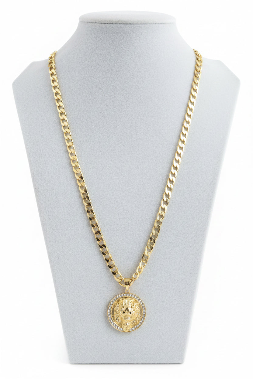 18K Gold filled 24” and 7mm Cuban Link Chain with Lion Pendant surrounded by CZs