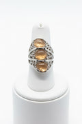 Divas Triple Cat eye silver plated stretch ring with side rhinestones