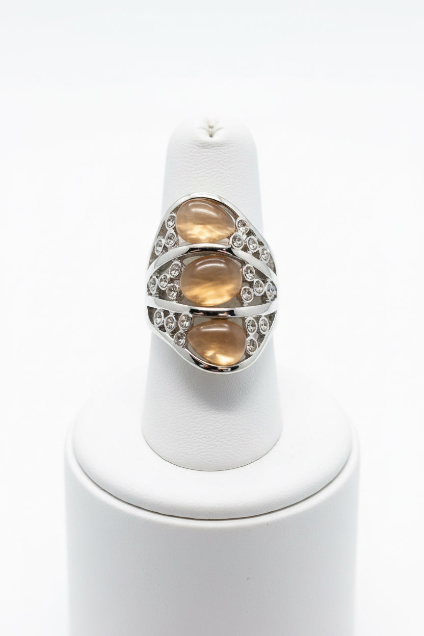 Divas Triple Cat eye silver plated stretch ring with side rhinestones