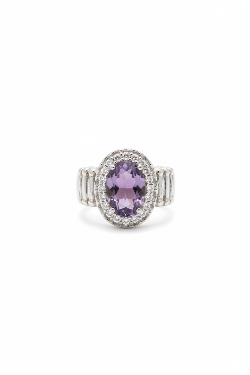 Divas Purple Oval and cubic zirconia Silver plated cocktail ring