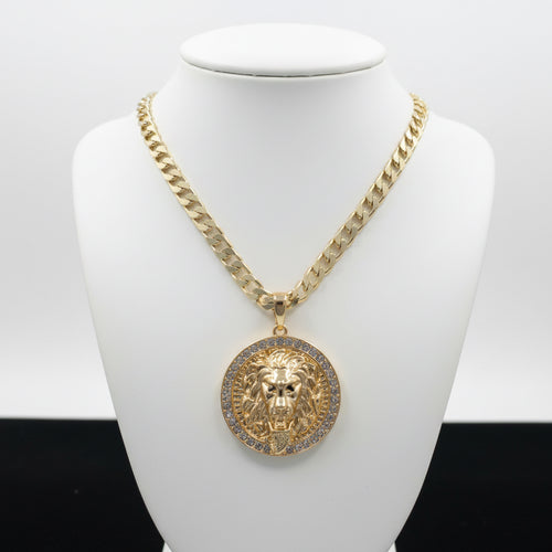 18K Gold filled 24” and 7mm Cuban Link Chain with Lion Pendant surrounded by CZs