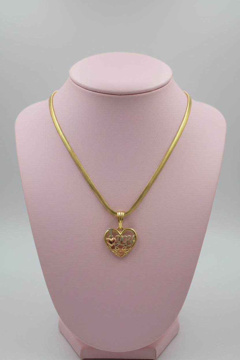 18K Gold filled 18” 4mm Herringbone chain with I Love You pendant