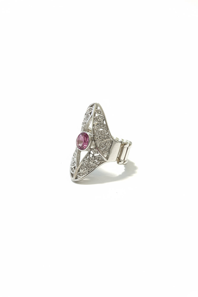 Divas filigree Silver plated ring with an elliptical eye shaped design.