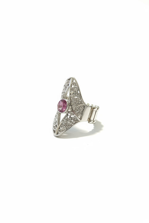 Divas filigree Silver plated ring with an elliptical eye shaped design.