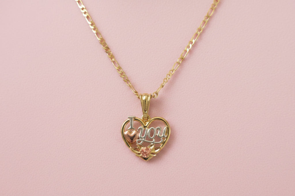 18K Gold filled 3mm 18” Figaro chain with I love you Heart Pendant