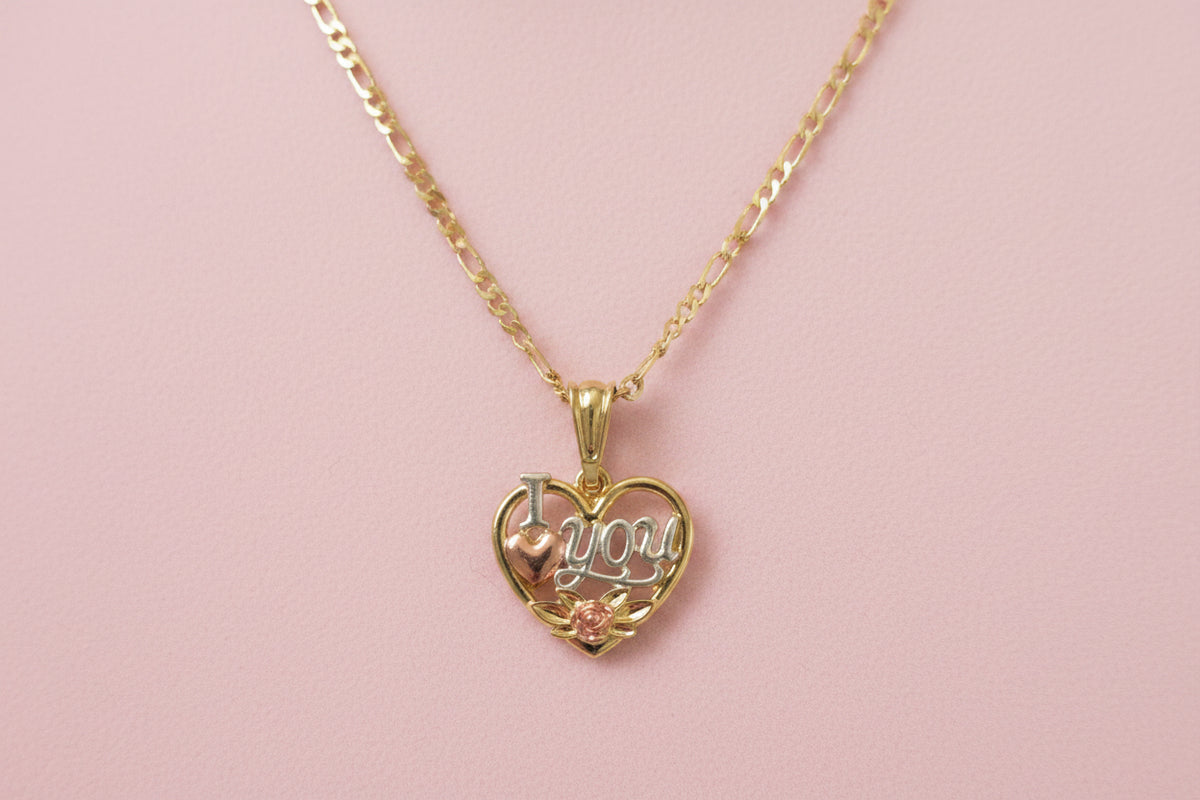 18K Gold filled 3mm 18” Figaro chain with I love you Heart Pendant