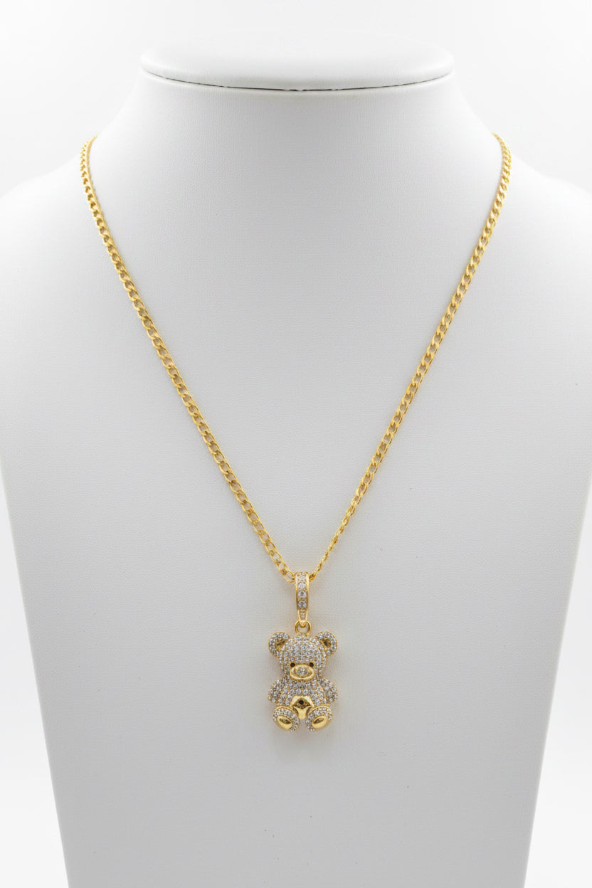 18k Gold filled 18” 3mm Cuban Link Chain with Teddy Bear Pendant