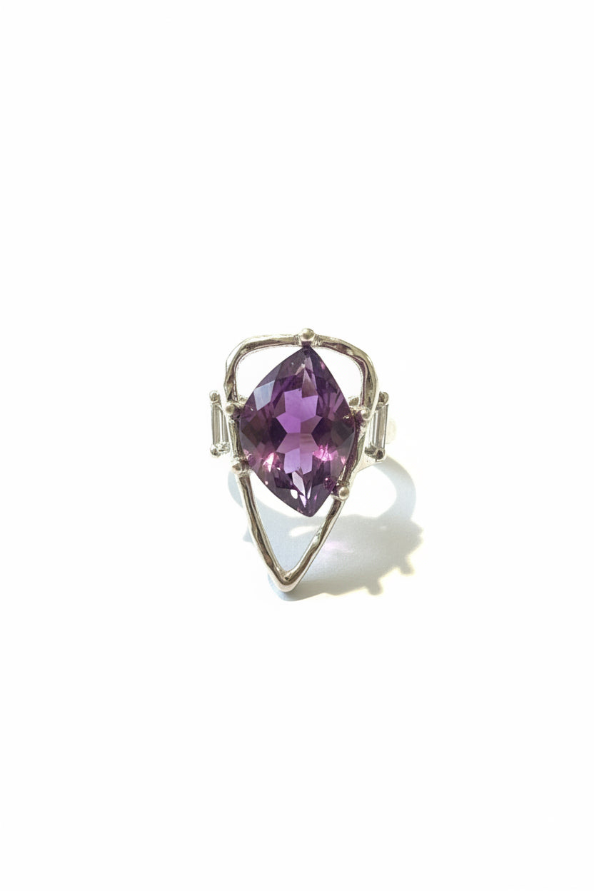 Dolls Purple Triangle Silver plated Amethyst (large Ring.) Adjustable