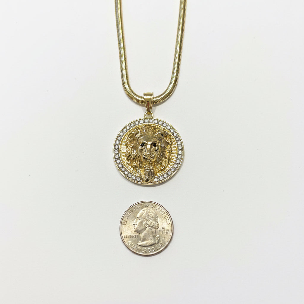18K Gold filled 4 mm 18” Herringbone chain with Lion pendant surrounded by cz stones