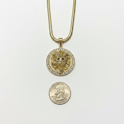 18K Gold filled 4 mm 18” Herringbone chain with Lion pendant surrounded by cz stones