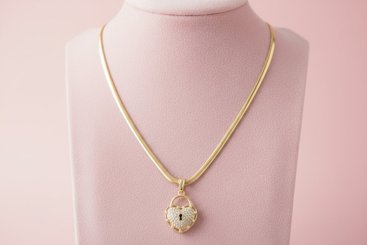 18K gold filled 4mm 18"Herringbone chain with Heart locket