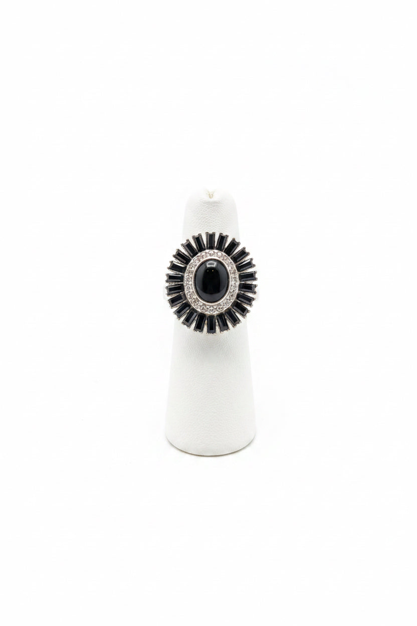 Divas Silver Plated Round multi stone Onyx ring with cubic zirconia (adjustable)