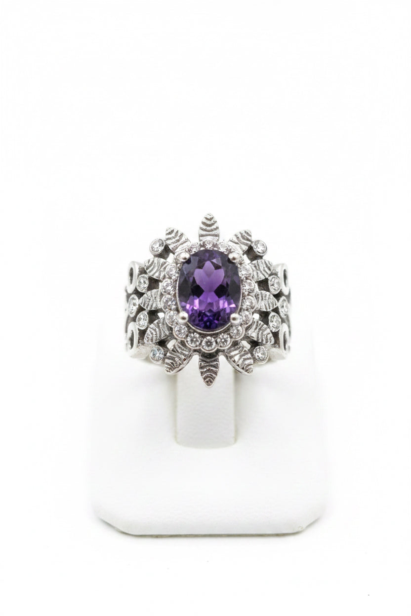 Divas Purple & Sunbrust Silver plated Cocktail ring.