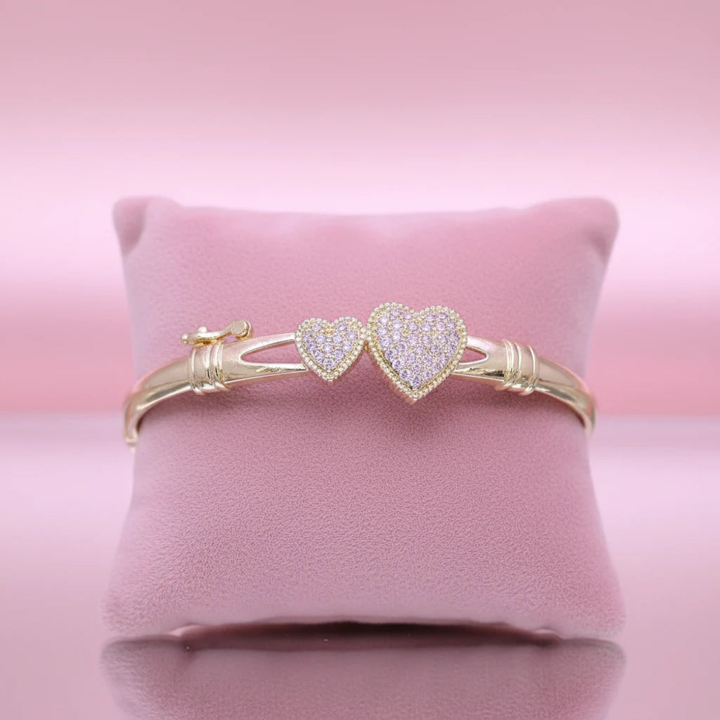 18K Gold Filled Double Hearts Bangle Bracelet with cubic zirconia.