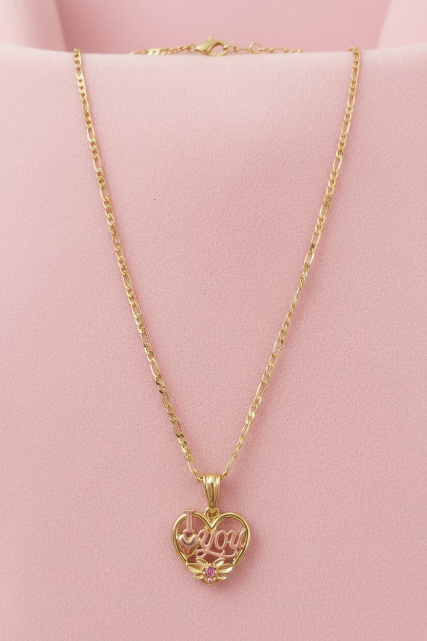 18K Gold filled 3mm 18” Figaro chain with I love you Heart Pendant