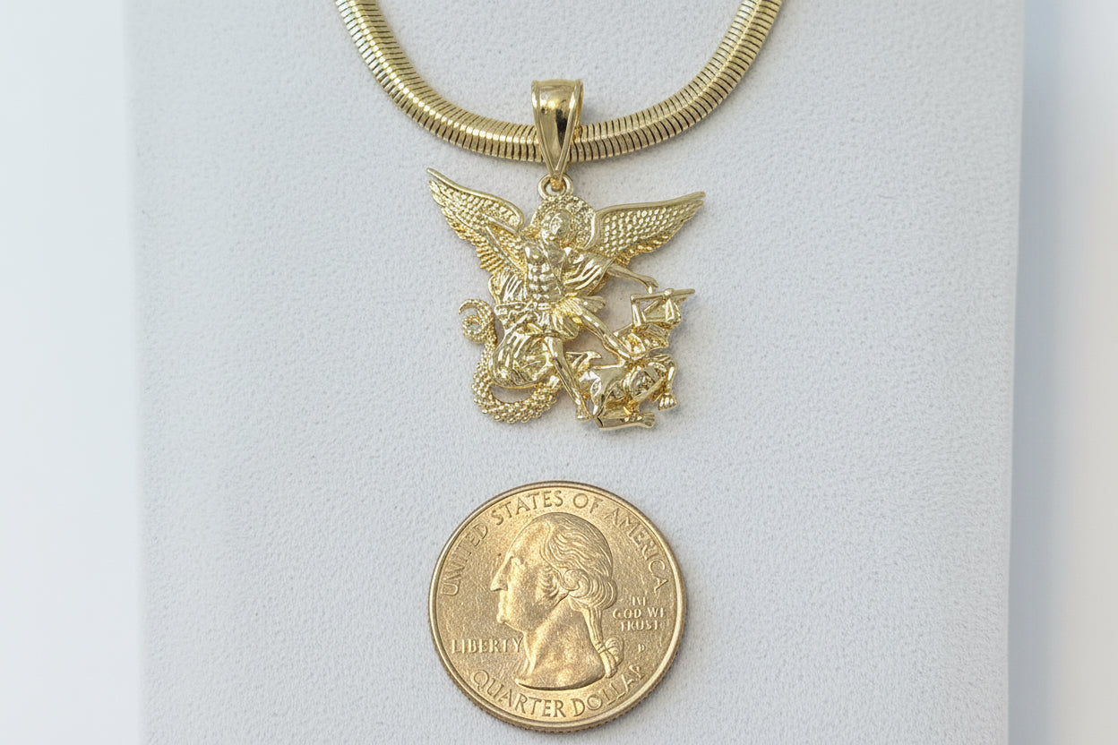 18K Gold filled 18” 4mm Herringbone chain with Saint over Snake.