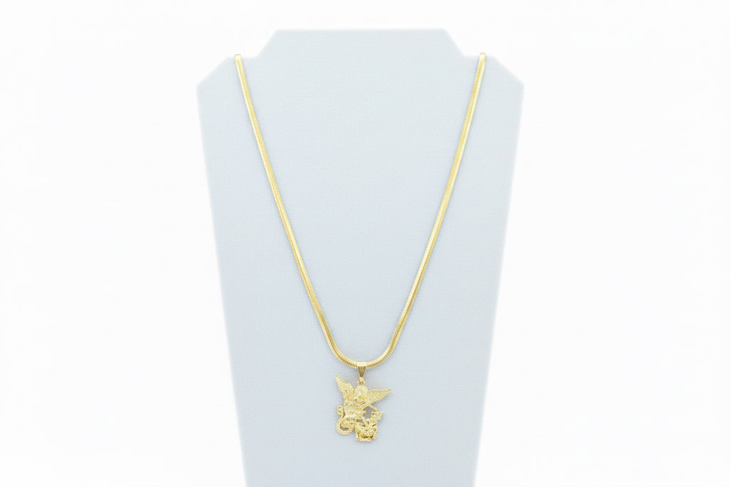 18K Gold filled 18” 4mm Herringbone chain with Saint over Snake.
