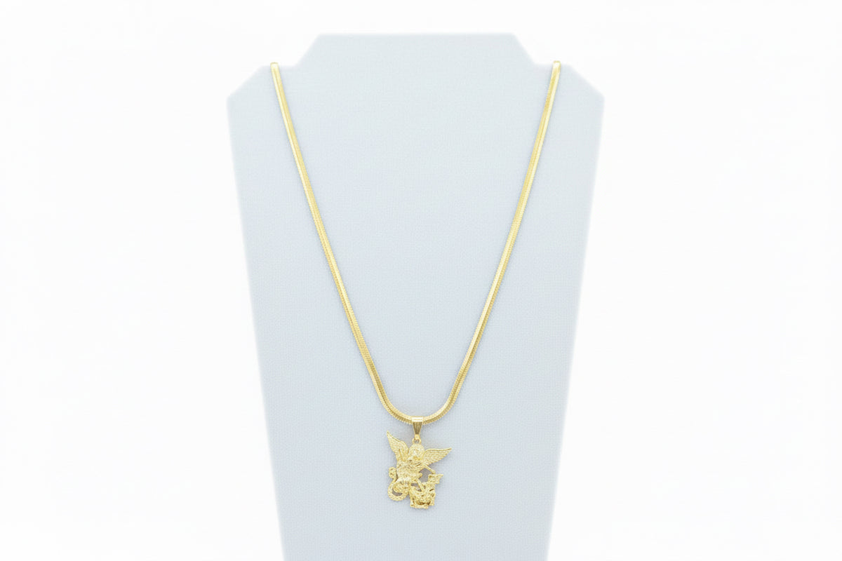 18K Gold filled 18” 4mm Herringbone chain with Saint over Snake.