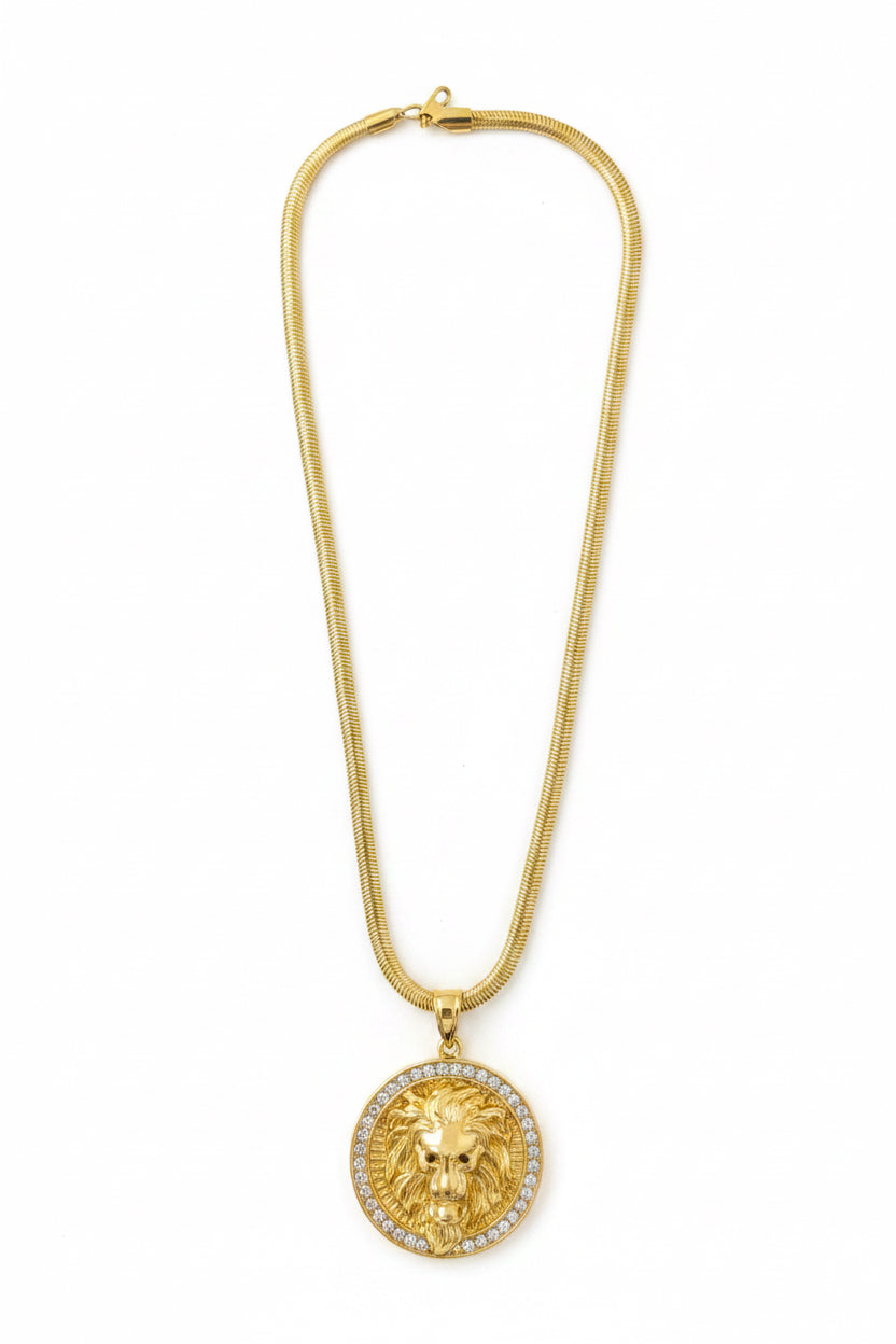 18K Gold filled 4 mm 18” Herringbone chain with Lion pendant surrounded by cz stones