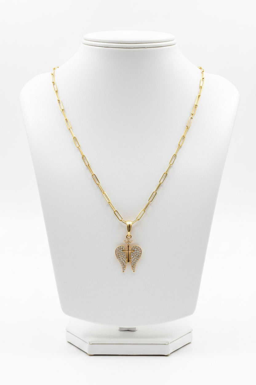 18K Gold filled 18” 3mm Paperclip chain with Angel Wings and Czs.