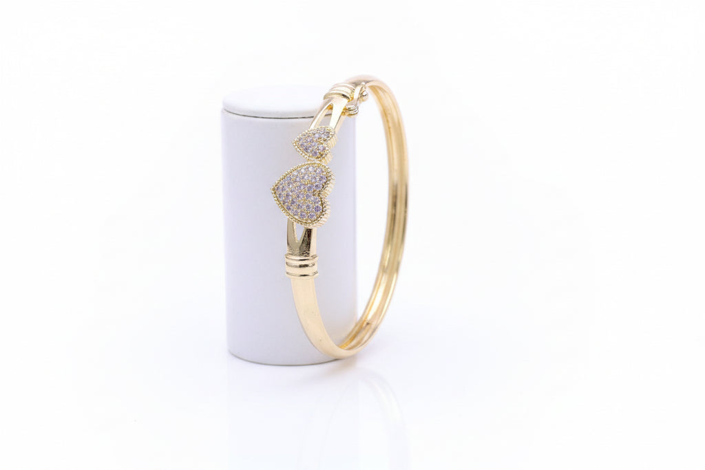 18K Gold Filled Double Hearts Bangle Bracelet with cubic zirconia.