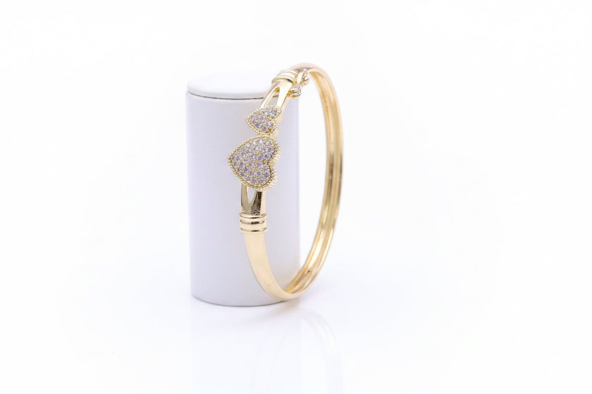 18K Gold Filled Double Hearts Bangle Bracelet with cubic zirconia.