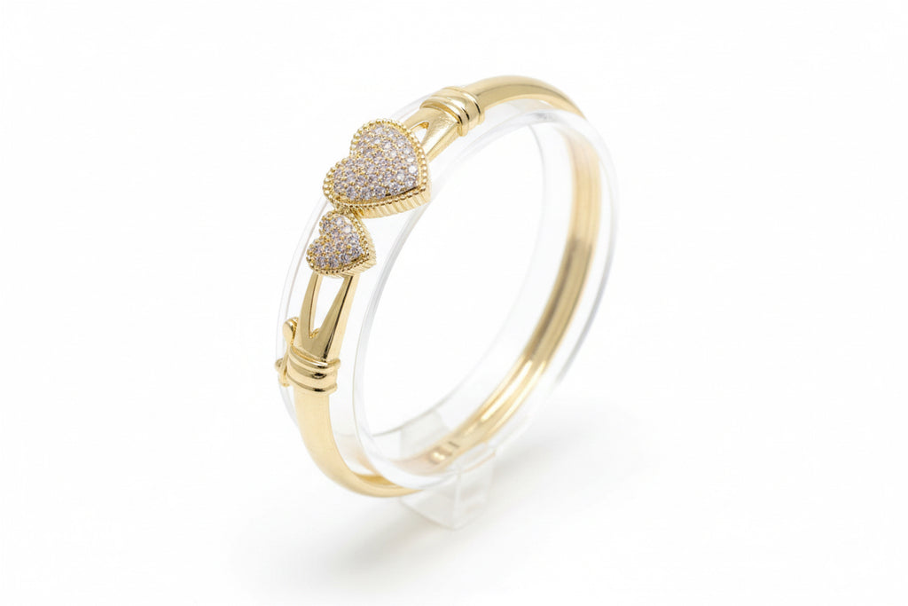 18K Gold Filled Double Hearts Bangle Bracelet with cubic zirconia.
